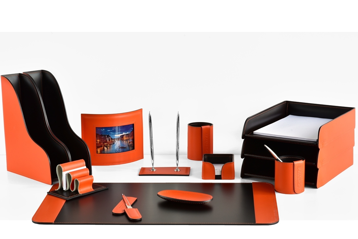 Офисный набор на стол руководителя 14 предметов из кожи оранж/шоколад