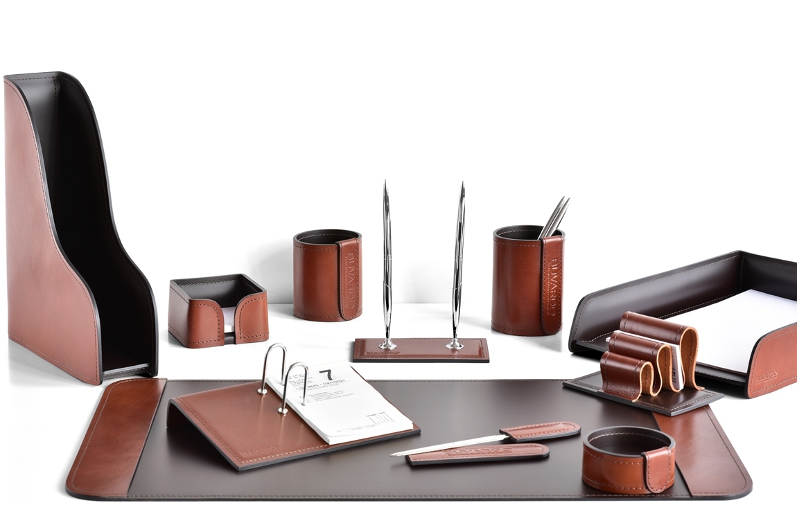 Набор офисный на стол руководителя 11 предметов Premium из кожи FG Tan/шоколад