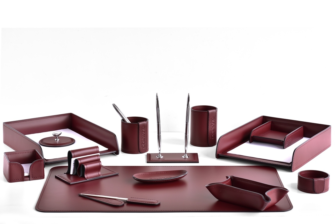 Набор для стола руководителя 14 предметов цвет бордо, кожа натуральная