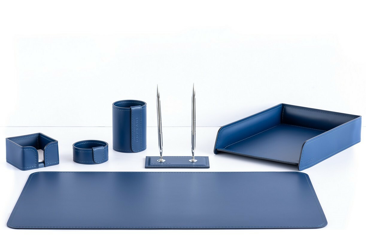 Синий кожаный офисный набор, 6 предметов